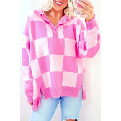 'Galena' Pink Checkered Sweater - Celes Fashion